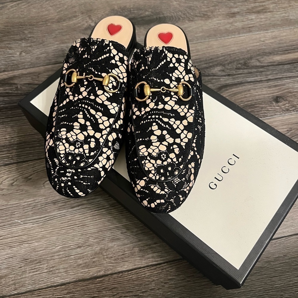 Gucci Princetown Black/Nude Leather and Lace Horsebit Flat Loafer Mules - 37 - Picture 1 of 8